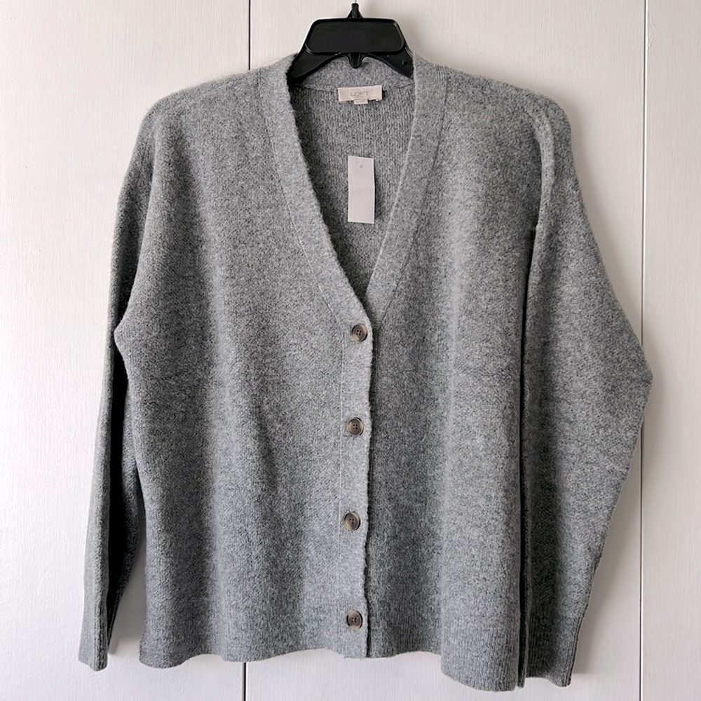 NWT LOFT Cardigan - light/med gray, button front Sz XL